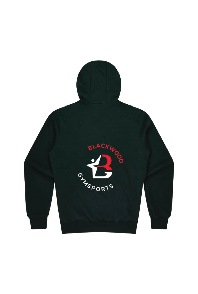 Blackwood gymsports hoodie. White background with a black hoodie displaying the club's logo which is red & white. 