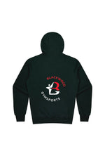 Blackwood gymsports hoodie. White background with a black hoodie displaying the club's logo which is red & white. 