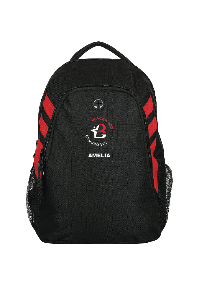 Blackwood gymsports club backpack. Black bag with red stripes infront of a white backdrop. The bag features the club's red & white logo print with an optional name below.