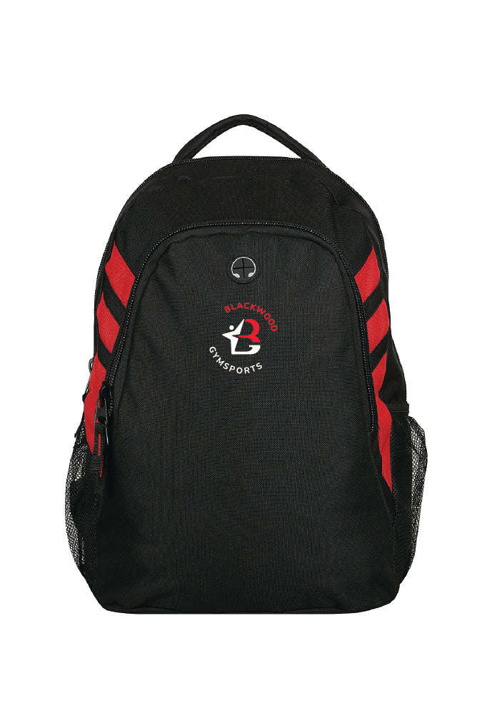 Blackwood gymsports club backpack. Black bag with red stripes infront of a white backdrop. The bag features the club's red & white logo print with an optional name below.