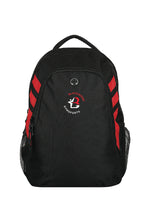 Blackwood gymsports club backpack. Black bag with red stripes infront of a white backdrop. The bag features the club's red & white logo print with an optional name below.